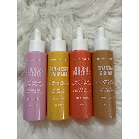 Spa Scentials Other - Spa Scentials Hydrating Body Perfume Oil Set 4 Pack Tropical Caramel Coastal Oil